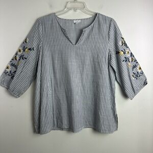 J Jill Top Womens Striped V Neck Floral Embroidered Top Size L Puff Sleeve Boho